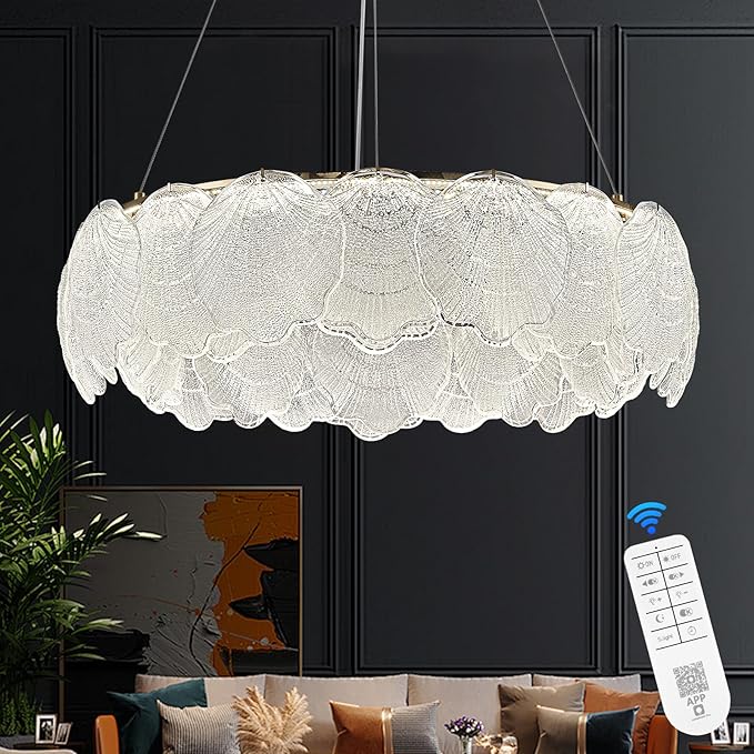 LED Crystal Glass Chandelier Dimmable Round Dining Room Chandelier Over Table Modern Gold Chandelier Lighting Fixture for Home Office Bedroom Living Room Kitchen 24in, 55W with Remote Control
