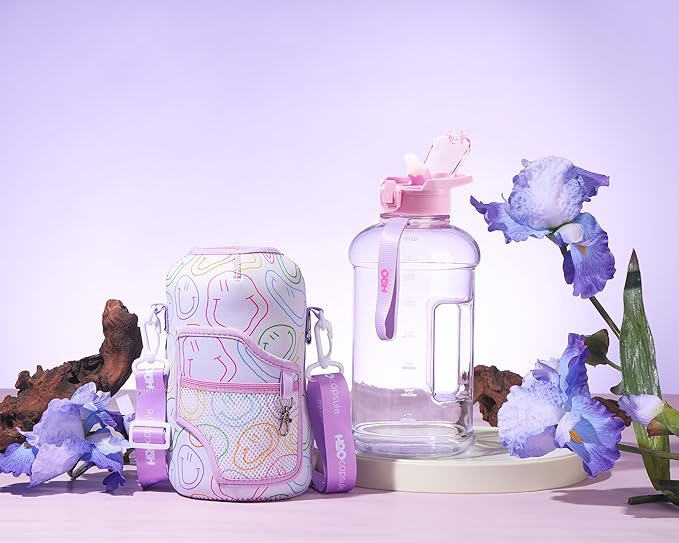 H2O Capsule 2.2L Half Gallon Water Bottle with Storage Sleeve and Removable Straw – BPA Free Large Reusable Drink Container with Handle - Big Sports Jug, 2.2 Liter (74 Ounce), Purple Smiley