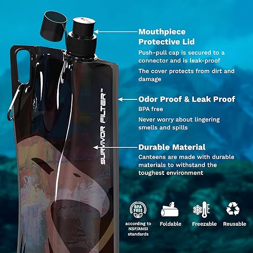 Survivor Filter 1L Black Collapsible Water Bottles - Travel, Hiking, Foldable, BPA-Free - 2 x 33oz