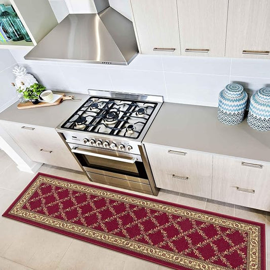 Ottomanson Machine Washable Trellis Design Non-Slip Rubberback 2x7 Modern Runner Rug for Hallway, Kitchen, Living Room, Bedroom, 1'10" x 7', Red Trellis