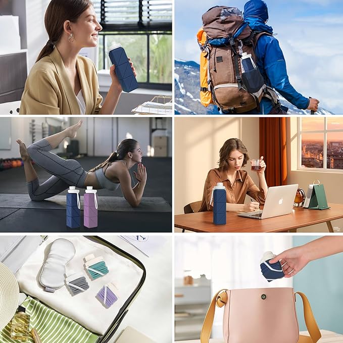 Collapsible Water Bottles,BPA-Free Leak-Proof Silicone Foldable Water Bottle Cup 20.6oz,Durable Lightweight Bottle for Gym Travel Camping Hiking Running (Navy Blue)