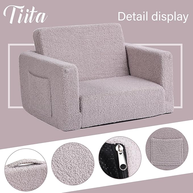 Tiita Kids Sofa, 2-in-1 Kids Sofa Chair, Convertible Children Couch to Lounger, Flip Out Kids Sofa Chair, Toddler Armrest Chair Bed, Folding Kids Play Sofa for Girl or Boy (Grey)