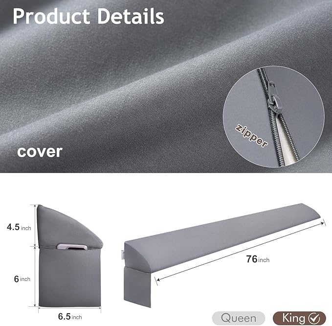 Vekkia King Bed Wedge Pillow for Headboard/Headboard Pillow/Bed Gap Filler/Pillow Wedge for Headboard Gap,Close Gaps Between Mattress and Headboard(Gray 76"x6.5"x4.5")