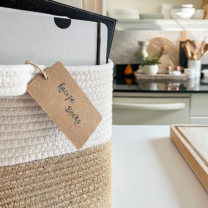 Goodpick Woven Storage Baskets for Organizing, Dog Toy Basket Medium Empty Gift Basket with Handles, Square Wicker Basket, White and Jute Storage Bin, 13.5 x 11 x 9.5 Inches