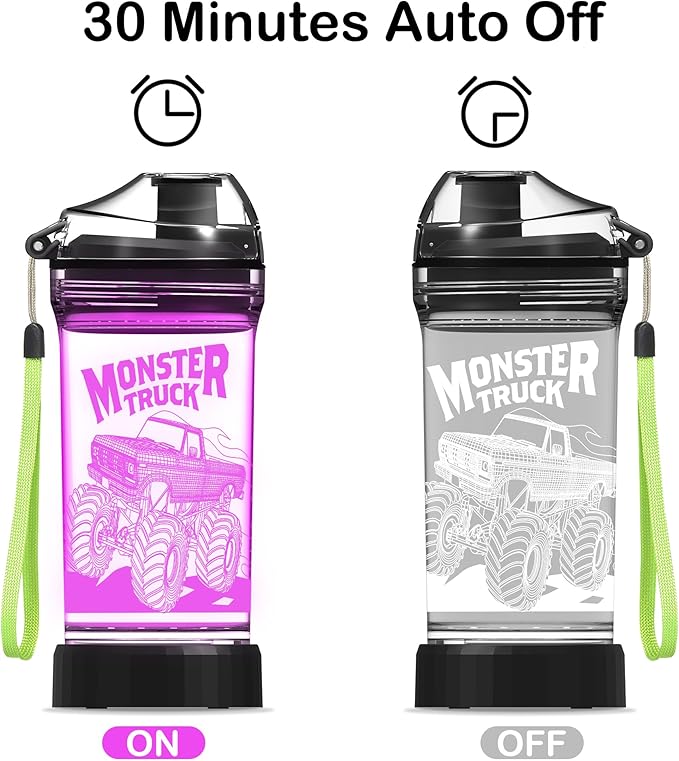 Kids Water Bottle with Monster Truck Design 3D Glowing LED Light-Tritan BPA Free,Perfect for Back-to-School Season, Girls, Boys, Kids, Holiday Camping, Picnic Gifts - 14 oz Travel Mug