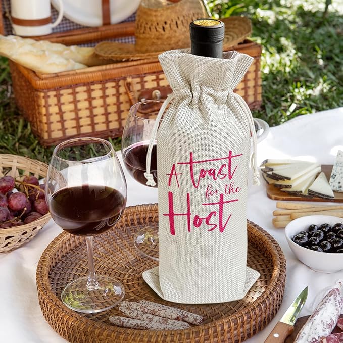 A Toast For The Host - Gifts for Hostess Wine Bags, 1 PC Reusable Drawstring Burlap Wine Bottle Bags, Appreciation Gifts for Women Ladies, Wine Gift Bag Wine Accessories -29
