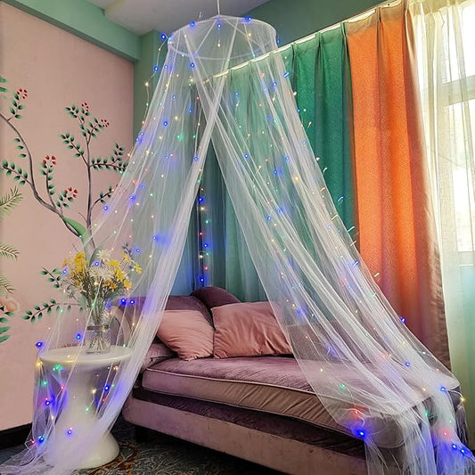 Eimilaly Bed Canopy Mosquito Net with 250pcs Colorful Curtain Lights, Bed Canopy for Girls Room Decor or Theme Party, White/Color Lights