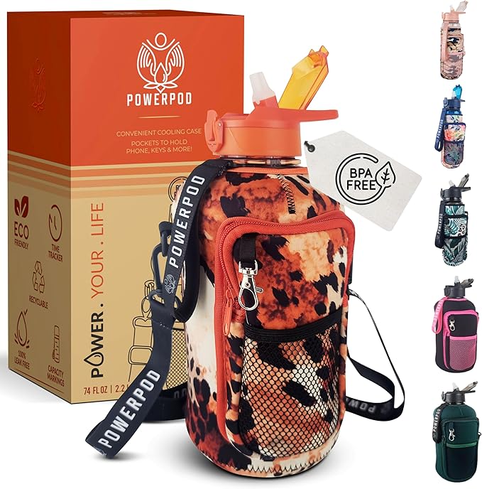 Motivational Half Gallon Water Bottle (74oz, 2.2L) Sports Water Jug + Storage Sleeve, Silicone Straw, Adjustable Carrying Strap - Reusable Water Bottle- BPA Free Water Bottle-Red Leopard
