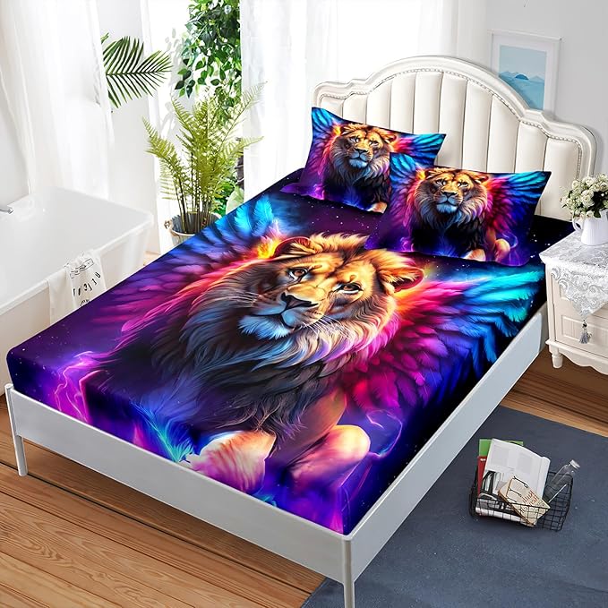 AILONEN Lion Fitted Sheet Set Full Size, 3 Pieces Printed Evening Starry Wings Lion Bed Sheet Set,Colorful Tie Dye Rainbow Fitted Sheet with 2 Pillowcases