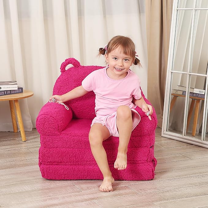 Foldable Kids Sofa, Sherpa Pink Teddy Bear Toddler Couch with Tri Folding Foam Cushions, Comfy Kids Couch for Kids Age 3-6