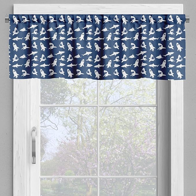 Ambesonne Shark Valance & Tier Curtain 3 pcs Set, Fish Pattern Various Gestures Have a Bite Danger Humor Nautical Design, Window Treatments for Kitchen Room Decor, 55" x 45", Blue Violet