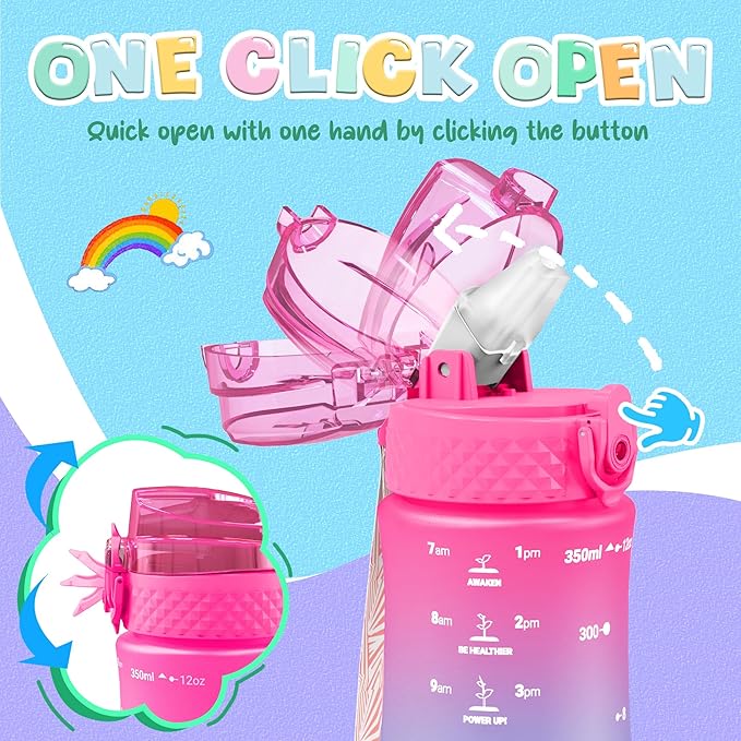 OLDLEY Kids Water Bottle for School, 12 oz (2 lids) BPA-Free Reusable Leak-Proof Durable Tritan Plastic Water Bottles with Straw & Chug Lids, Anti-dust Spout Cover (Rose Blue)