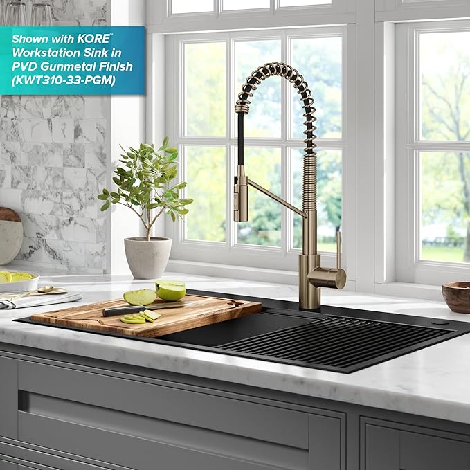 KRAUS Oletto Touchless Sensor Commercial Pull-Down Single Handle Kitchen Faucet with QuickDock Top Mount Assembly in Spot Free Antique Champagne Bronze, KSF-2631SFACB