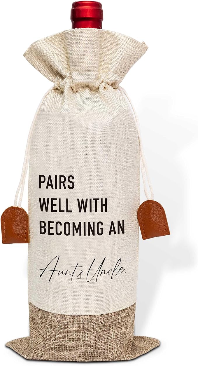 Pairs Well With Becoming Aunt & Uncle Wine Bag, Wine Champagne Bottle Gift Bag, Cotton Linen Wine Gift Bag With Drawstring, Gift for Pregnancy Announcement, New Aunt Uncle for Baby Announcement-15