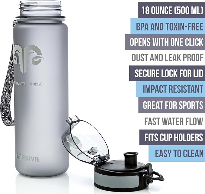 Embrava Best Sports Water Bottle - 17oz Small - Eco Friendly & BPA-Free Plastic - For Running, Gym, Yoga, Outdoors and Hiking - Fast Water Flow, Flip Top, Opens With 1-Click - Leak-proof Lid
