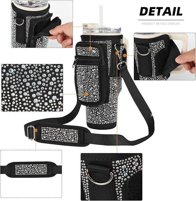 Bling Water Bottle Carrier Bag with Phone Pocket,Water Bottle Holder Bag for Stanley Cup Accessories,Cup Holder with Adjustable Shoulder Strap with Stanley 40 & 30 oz Tumbler,Black