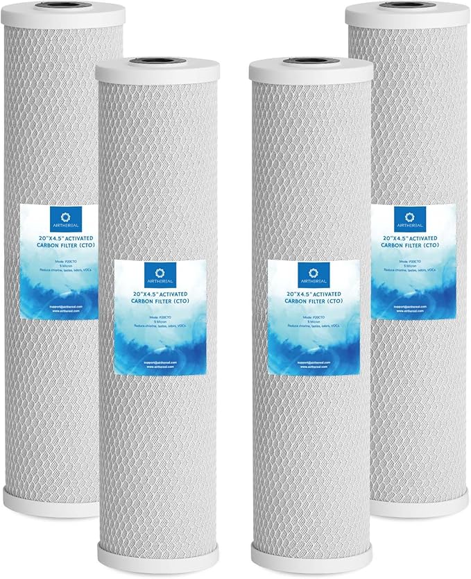 Airthereal 20" x 4.5" Whole House Sediment Activated Carbon Water Filter, 5 Micron 20-inch CTO Water Filter Replacement Cartridge for City and Well Water, 4-Pack