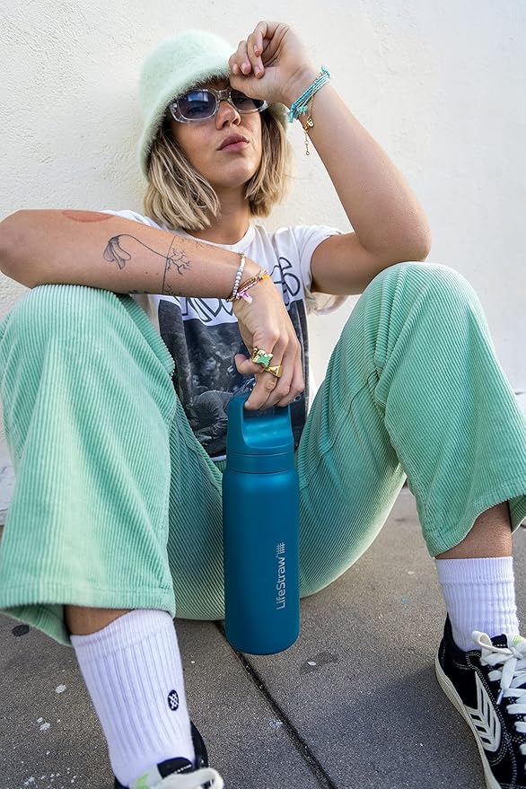 LifeStraw Go Series – Insulated Stainless Steel Water Filter Bottle for Travel and Everyday use removes Bacteria, parasites and microplastics, Improves Taste, 24oz Laguna Teal