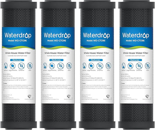 Waterdrop 2.5" x 10" Whole House CTO Carbon Water Filter Cartridge, 1 Micron Carbon Sediment Water Filter Replacement for DuPont® WFPFC8002, Culligan® D-10A, CBC-10, GE® FXWTC, GXWH20T, Pack of 4