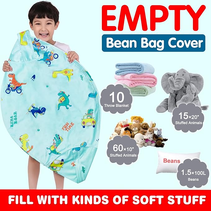 Lukeight Stuffed Animal Storage Bean Bag Chair Cover for Kids, Dinosaur Zipper Beanbag Chair Cover for Organizing Toddler and Kids' Rooms Plush Toys (Dino Blue, Large)