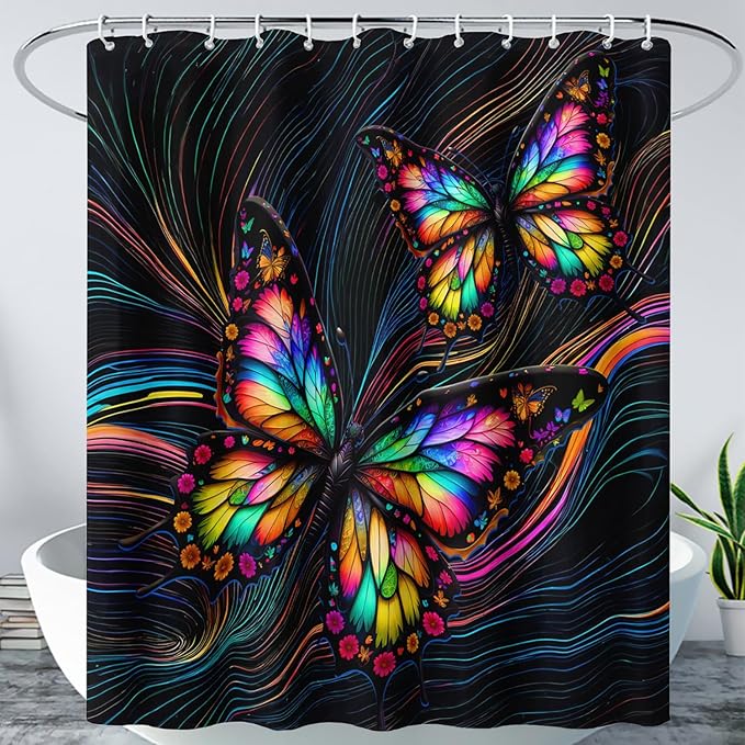 AILONEN Beautiful Butterfly Shower Curtain,Colorful Line Butterfly Bath Curtain for Bathroom for Boys,Girls,Boho Hippie Style Waterproof Fabric Shower Curtain Set with Hooks,72" W*84" H