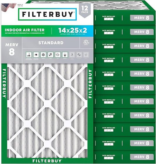 Filterbuy 14x25x2 Air Filter MERV 8 Dust Defense (12-Pack), Pleated HVAC AC Furnace Air Filters Replacement (Actual Size: 13.50 x 24.50 x 1.75 Inches)
