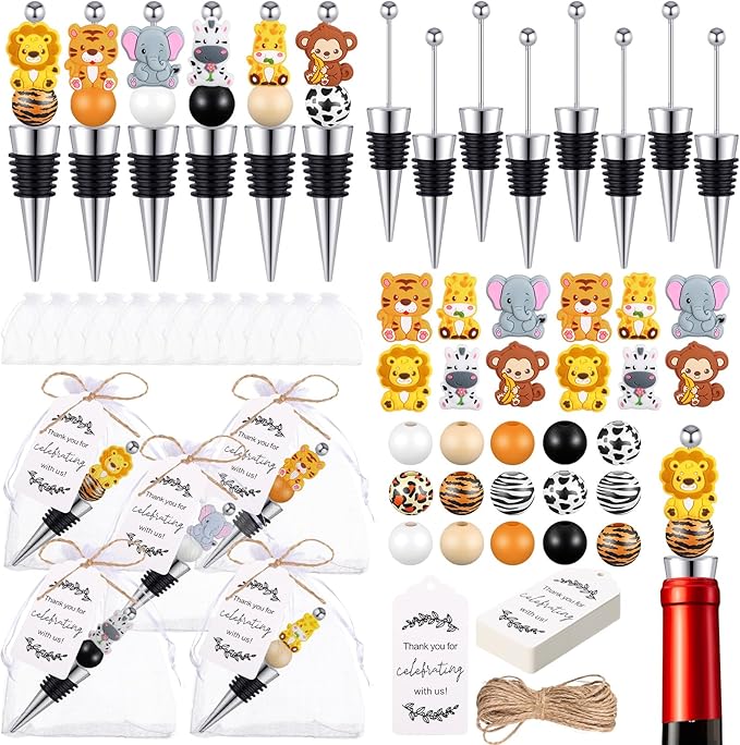 Gisafai 24 Sets Beadable Wine Stoppers for Wine Bottles Bulk Reusable Wine Saver Corks Jungle Animals Silicone Beads with Bags Labels Ropes for Baby Shower Gifts DIY Safari Wedding Party Bar Summer