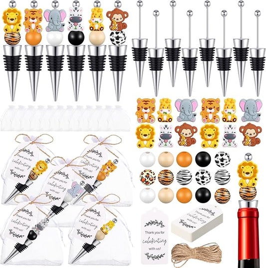 Gisafai 24 Sets Beadable Wine Stoppers for Wine Bottles Bulk Reusable Wine Saver Corks Jungle Animals Silicone Beads with Bags Labels Ropes for Baby Shower Gifts DIY Safari Wedding Party Bar Summer