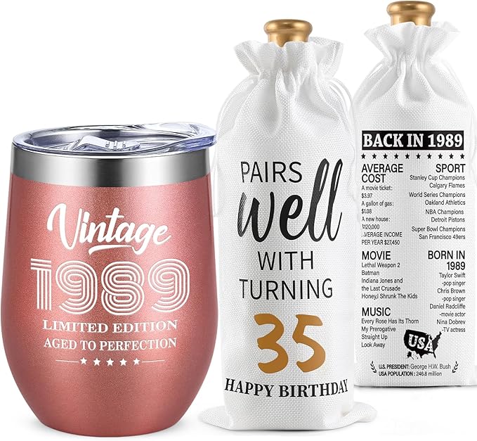 Lifecapido 35th Birthday Gifts for Women, Vintage 1989 Limited Edition Insulated Wine Tumbler with Wine Bag, 35 Year Old Birthday Gifts for Women Her, 1989 Birthday Gift for 35 Year Old Woman, 12 oz