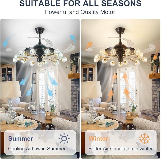 Sputnik Ceiling Fan with Light: Black Modern Chandelier with Fan for Indoor - Crystal 48" Fandelier with 15 Lights for Living Dining Room Kitchen - Retractable Ceiling Fan with Lights