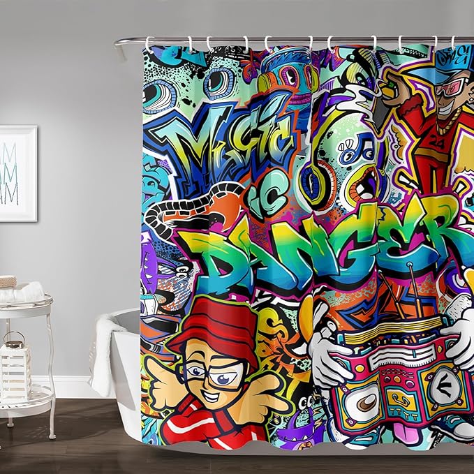 AILONEN Hip Hop Graffiti Shower Curtain for Bathroom,Colorful Graffiti Music Dancer Bathroom Curtain for Kids Boys Girls,Bath Curtain 72" W*72" H Polyester Waterproof Bathroom Curtain with 12 Hooks