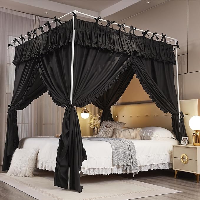 4 Corners Post Princess Ruffle Curtain Bed Canopy Lace Up Elastic Cozy Breathable Tent Mosquito Net for Girls Bedroom Decoration(Black, 47-53" W*78" L*82"*H/Full)