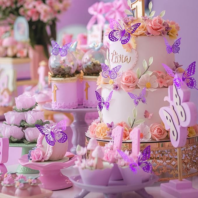 SAOROPEB 3D Butterfly Wall Decor 48 Pcs 4 Styles 3 Sizes, Purple Butterfly Decorations for Birthday Decorations Butterfly Party Decorations Cake Decorations, Removable Stickers (Purple)
