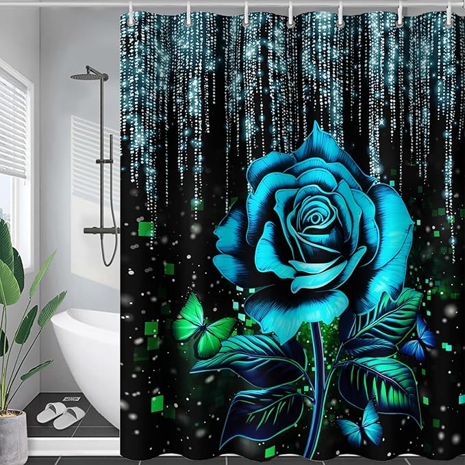 AILONEN Blue Rose Shower Curtain for Bathroom, Glitter Starry Flower Print Bath Curtain,Blue and Black Waterproof Floral Butterfly Shower Curtain Decoration with 12 Plastic Hooks, 72" W*84" H