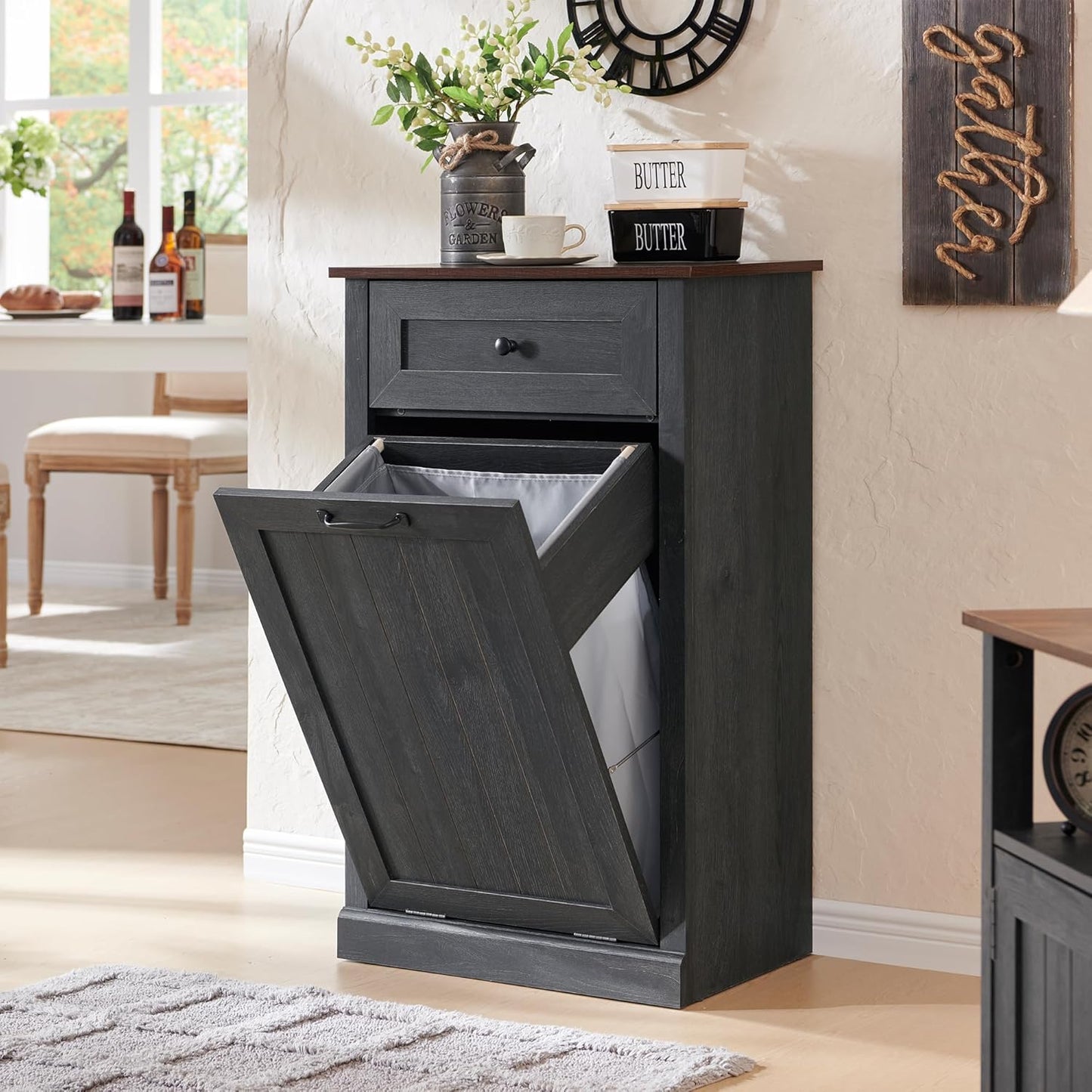 Tilt Out Laundry Hamper Cabinet, 10 Gallon Farmhouse Trash Can Cabinet with Drawer, Hidden Wood Garbage Can Bin Cabinet with Laundry Storage Basket for Bathroom, Kitchen, Dark Grey