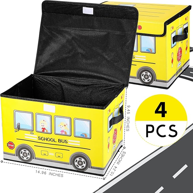 4 Pcs Prize Box for Classroom, School Bus Treasure Box Kids Foldable Chest Storage Box Kids Toy Chest with Lid Treasure Storage Organizer Bin for Kids Teachers Toy Prizes Awards for Students