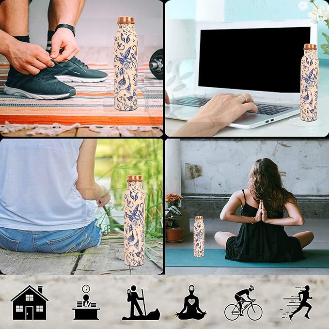 Pure Copper Water Bottle - Handcrafted - Ayurveda health benefits - Large 35 oz - Leak proof, Easy to carry for Sports, Fitness, Yoga, School- White Base Indigo Blue Floral Textured Enamel