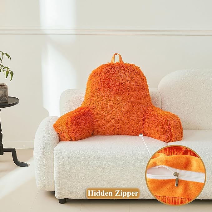 XeGe Fluffy Back Support Pillow Cover for Bed (No Filler), Faux Fur Back Rest Pillow Case for Sitting in Bed, Furry Reading Pillow Cover with Arms Adults Kids, Fuzzy Sit Up Pillow Floor Chair, Orange