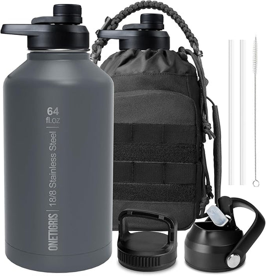 OneTigris Tactical Half Gallon Water Bottle with Straw - 64 oz Vacuum Insulated Stainless Steel Water Jug, Leakproof Sport Bottle with 3 BPA Free Lids, Paracord Handle & MOLLE Water Pouch for Outdoor