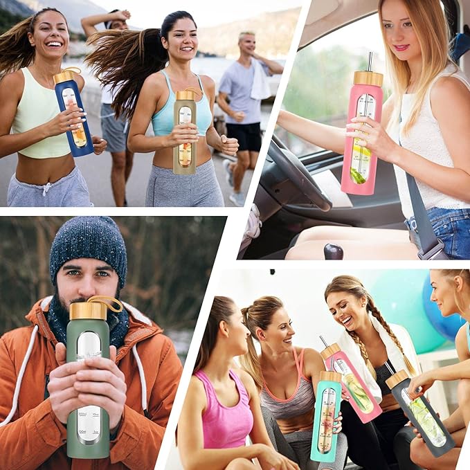 32 oz Glass Water Bottles with Straw - Motivational Glass Water Bottle with Time Marker & Silicone Sleeve - Reusable Glass Tumbler Includes 2 Bamboo Lids & Fruit Infuser - 1 Pack