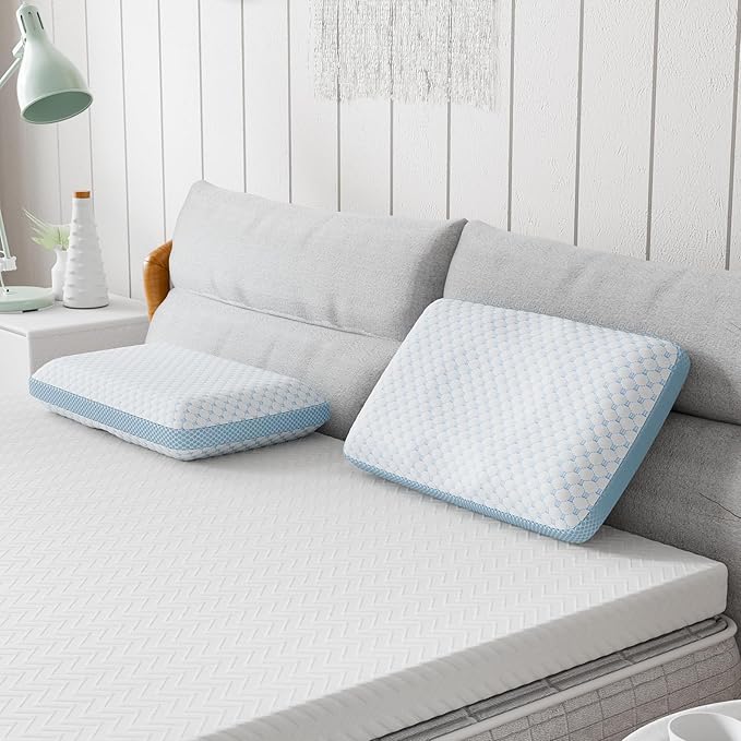 Memory Foam Soft Pillows for Sleeping - Cooling Bed Pillows for Hot Sleepers with Machine Washable Pillowcase - Ergonomic Memory Foam Pillow for Back Side Stomach Sleepers (Blue)