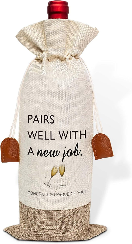 Woukaup New Job Gifts Wine Bag, New Job Wine Champagne Bag, Cotton Linen Wine Gift Bag With Drawstring, Goodbye Farewell Leaving Gifts, New Beginning Gifts for Going Away Colleagues Friend Coworker