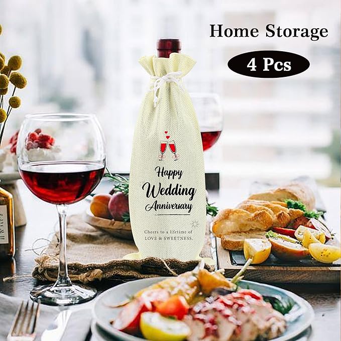 Omoojee 4 Pcs Wedding Anniversary Wine Bag, Couple Gift for Married Anniversary, Flax Drawstring Wine Bag