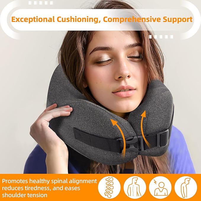 Neck Pillow Airplane Travel Set - Pure Memory Foam Travel Neck Pillow, Plane Pillow for Long Flights Essentials, Sleeping Travel with 3D Contoured Eye Mask, Earplugs, Portable Bag (Gray)