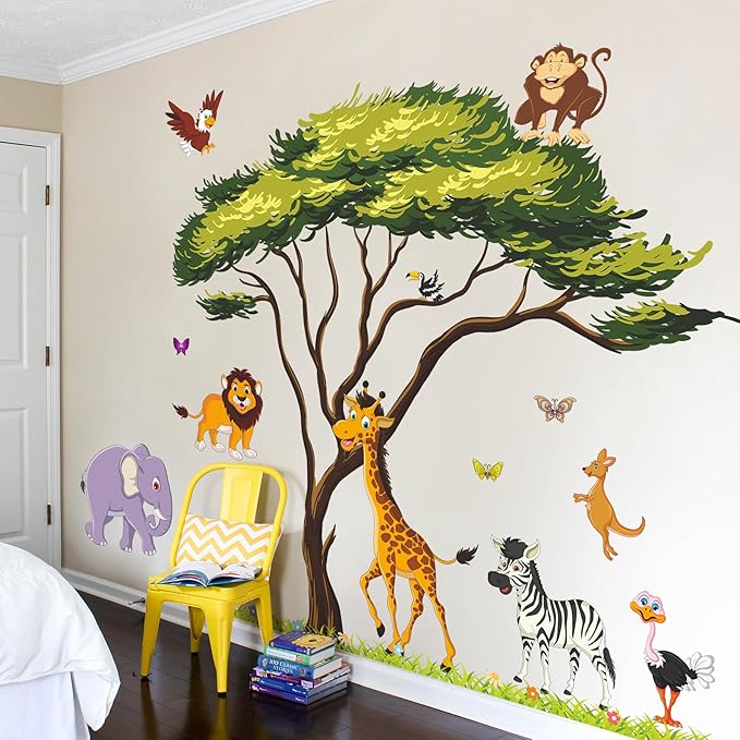 Jungle Animals Tree Wall Decals Woodland Animals Large Tree Wall Stickers Lion Elephant Zebra Safari Wall Sticker Removable DIY Peel and Stick for Kids Baby Bedroom Living Room Mural Decor