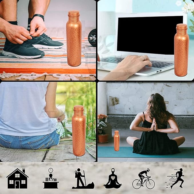 Pure Copper Water Bottle - Handcrafted - Ayurveda health benefits - Large 35 oz - Leak proof - Easy to carry for Sports, Fitness, Yoga, School -Glade Pattern Natural Copper Finish