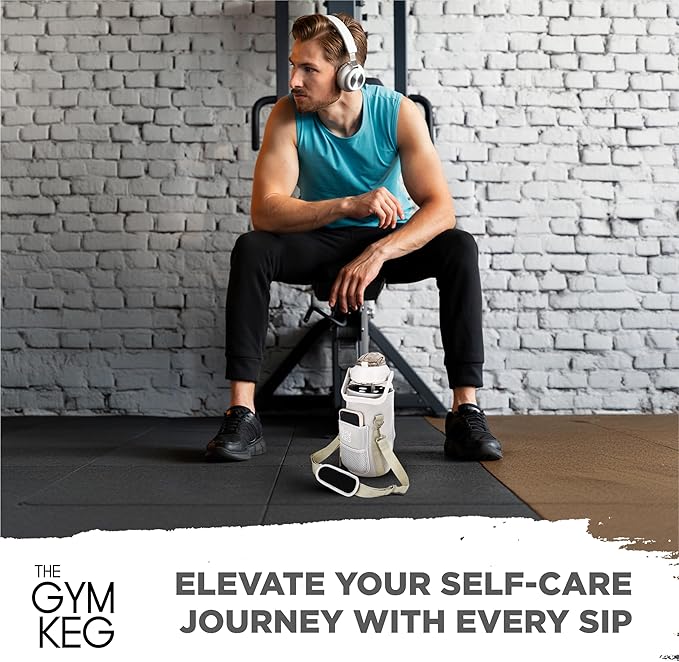 THE GYM KEG 74oz Large Water Bottle with Carrier - Water Bottles with Strap for Gym, Workout or Sports - Daily Water Jug for Men and Women - Neoprene Sleeve - Cream - 11.6x5.3 inch