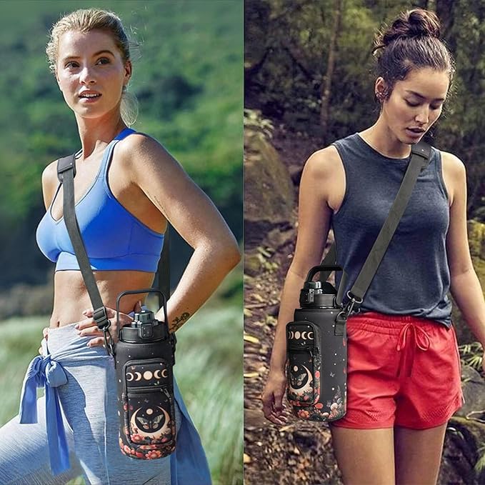 Moon Butterfly Flower Half Gallon Water Bottle with Sleeve, 64 Oz Water Bottle with Measurements Marked, Leakproof-Free Drinking Water Bottle, Sports Water Bottle BPA Free Half Gallon Water Jugs