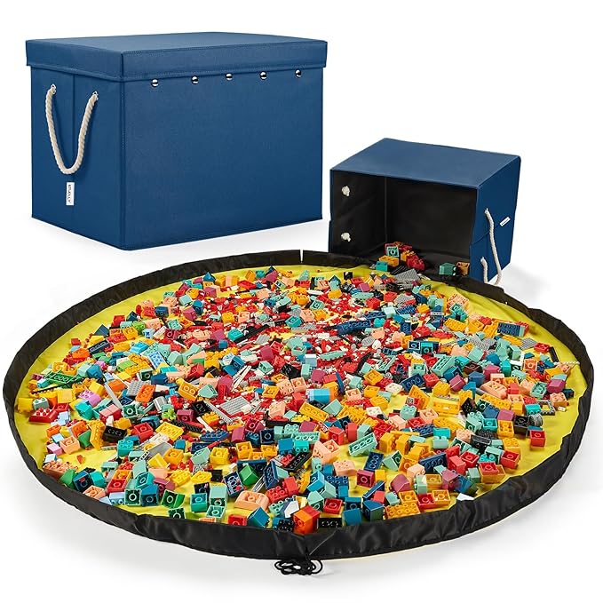 Toy Storage Organizer and Play Mat for Kids - Foldable Organizer Storage Bins with Lids - Detachable Mat Storage Bag Kids Toy Box for Boys, Girls, Nursery, Playroom, 11.6''x11.6''x15.5''(Blue)