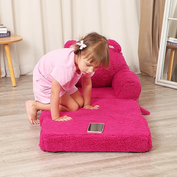 Foldable Kids Sofa, Sherpa Pink Teddy Bear Toddler Couch with Tri Folding Foam Cushions, Comfy Kids Couch for Kids Age 18 Months and Up